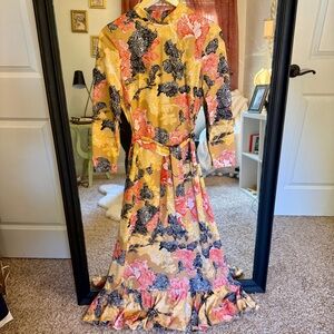 Vintage Edith 60s High Neck Japanese Floral Print Long Sleeve Maxi Dress